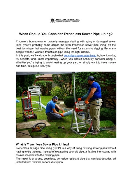 Expert Trenchless Sewer Pipe Lining by Mastertrade Plumbing | PDF