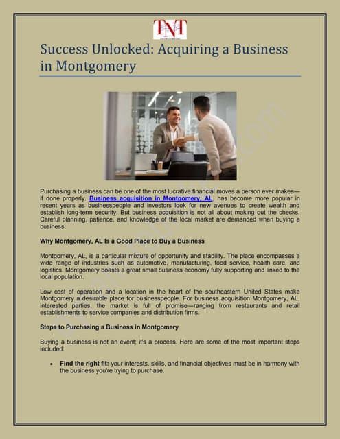 Success Unlocked Acquiring a Business in Montgomery | PDF