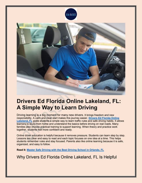 Drivers Ed Florida Online Lakeland, FL: A Simple Way to Learn Driving | PDF
