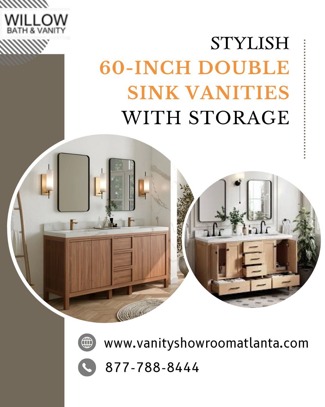 Vanity Showroom Atlanta — Stylish 60-inch Double Sink Vanities with Storage