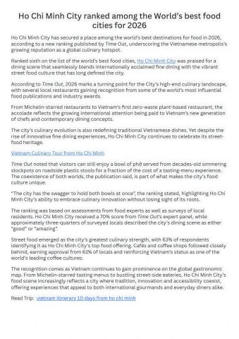 Ho Chi Minh City ranked among the World’s best food cities for 2026