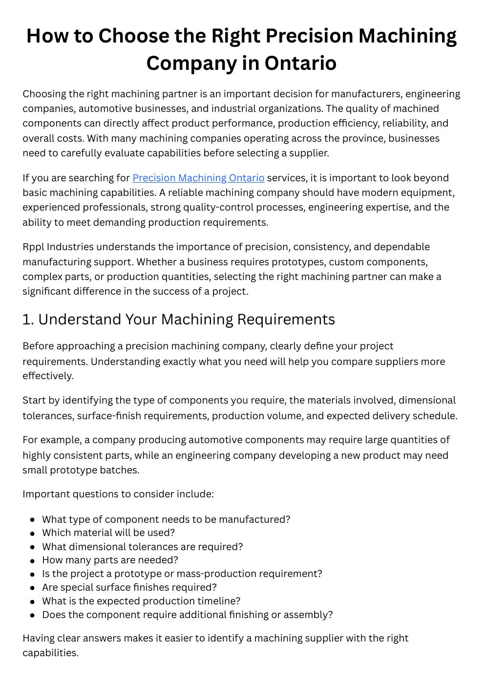 How to Choose the Right Precision Machining Company in Ontario