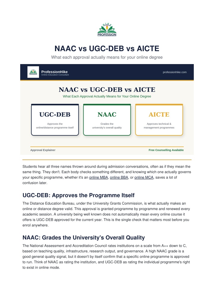 PPT - NAAC vs UGC-DEB vs AICTE: What Each Approval Actually Means for Your Online Degr PowerPoint Presentation - ID:14937272